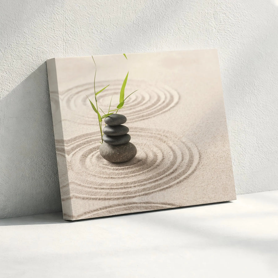 Zen Garden Canvas Wall Art | Stacked Stones and Bamboo Nature Print | 1.25” Premium Gallery Wrapped | Calming Home Decor for Office or Living Room