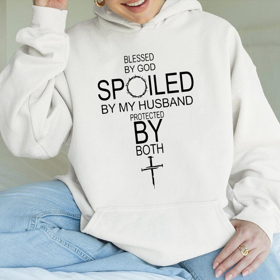 Blessed By God Spoiled By My Husband Hoodie | Faith-Based Inspirational Quote | Premium Cotton-Blend Fleece | Christian Gift For Wives