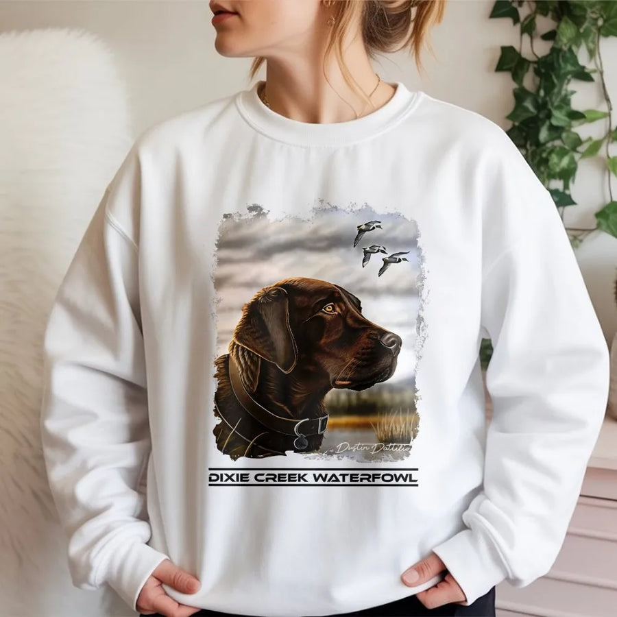 Chocolate Lab Sweatshirt | Hunting Dog Duck Retriever Graphic | Premium Cotton Blend | Gift for Duck Hunter and Outdoorsman