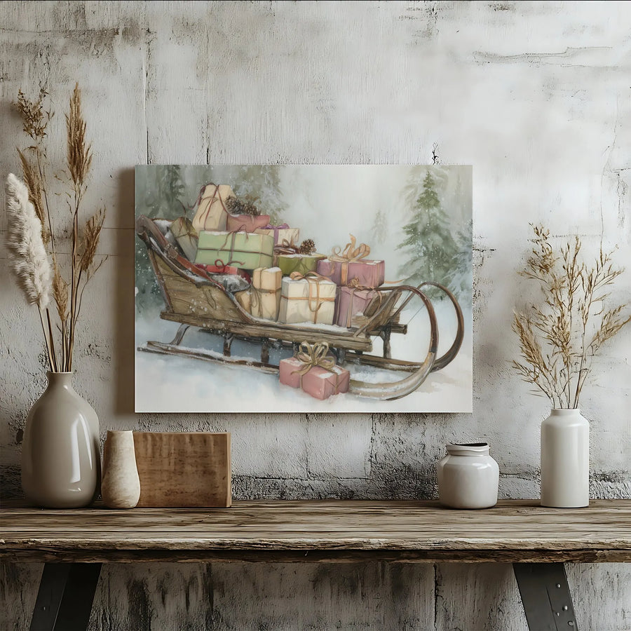 Vintage Christmas Sleigh Canvas Print | Snowy Forest Holiday Presents Illustration | 1.25-Inch Gallery Wrap | Festive Winter Home Decor Gift