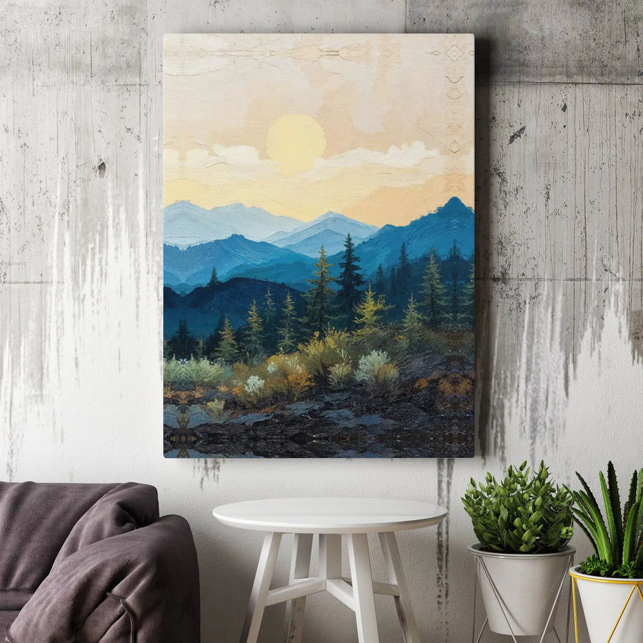 Mountain Landscape Canvas Print | Misty Forest Sunrise Painting | Premium Gallery Wrapped Art | Rustic Cabin Decor Gift