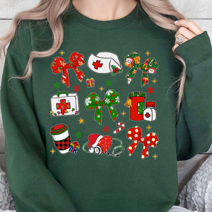 Coquette Nurse Christmas Sweatshirt | Cute Bow Medical Holiday Graphic | Premium Cotton Blend | Nursing Student RN Gift for Women
