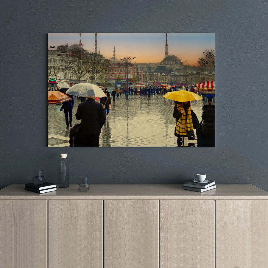 Istanbul City Square Canvas Wall Art | Rainy Street Scene With Umbrellas | Premium Gallery Wrap Print | Travel Home Decor Gift