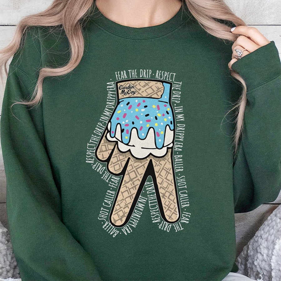 Drippy Baseball Glove Sweatshirt | Ice Cream Cone Peace Sign Graphic | Premium Cotton Blend | Gift for Baseball Players and Fans