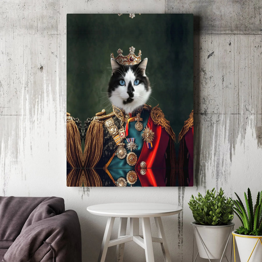 Regal Cat Portrait Canvas Wall Art | Royal Military King with Crown | 1.25-Inch Gallery Wrap | Whimsical Pet Lover Gift Decor