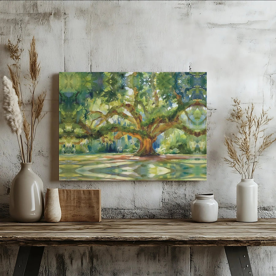 Watercolor Oak Tree Landscape Horizontal Canvas | Southern Moss Live Oak Nature Painting Print | Premium 1.25 Inch Thick Frameless Gallery Wrap | Calming Living Room Wall Decor Gift