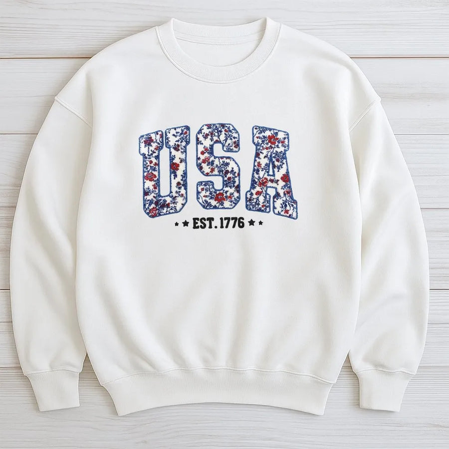 Patriotic USA Floral Shirt | Vintage Faux Patchwork Design | Comfort Colors EST 1776 Tee | Fourth of July Gift for Her