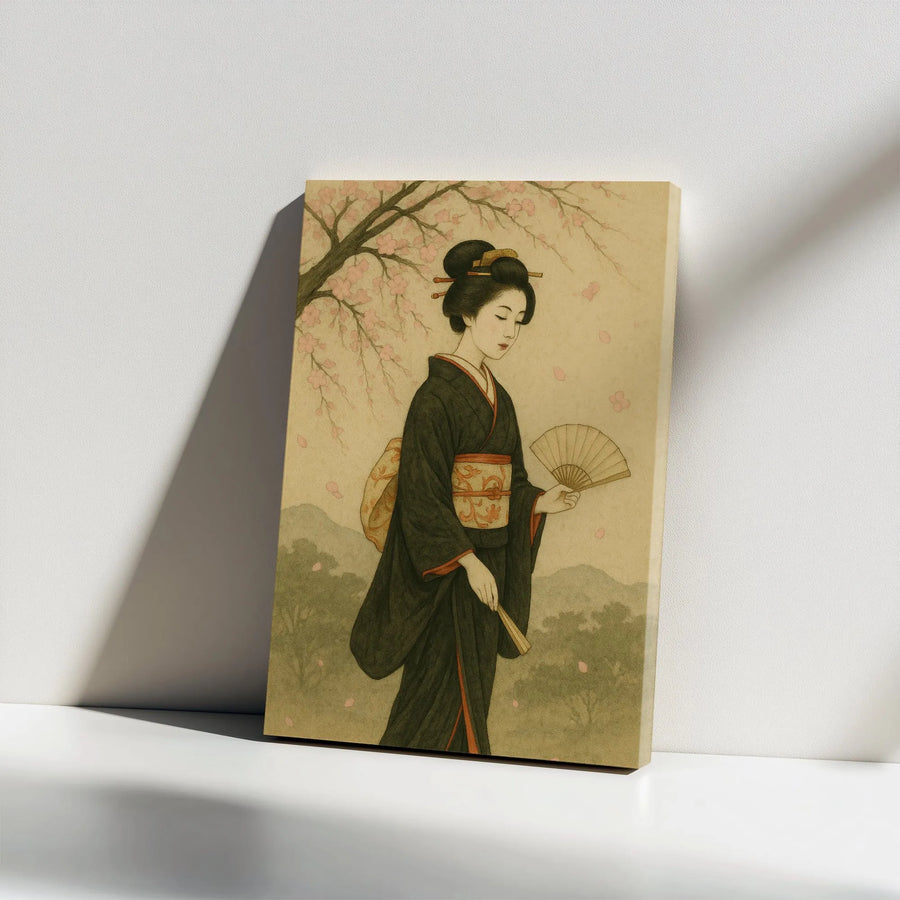 Japanese Geisha Canvas Wall Art | Traditional Kimono & Cherry Blossom Aesthetic | Premium 1.25" Gallery Wrap | Zen Home Decor Gift for Art Lovers