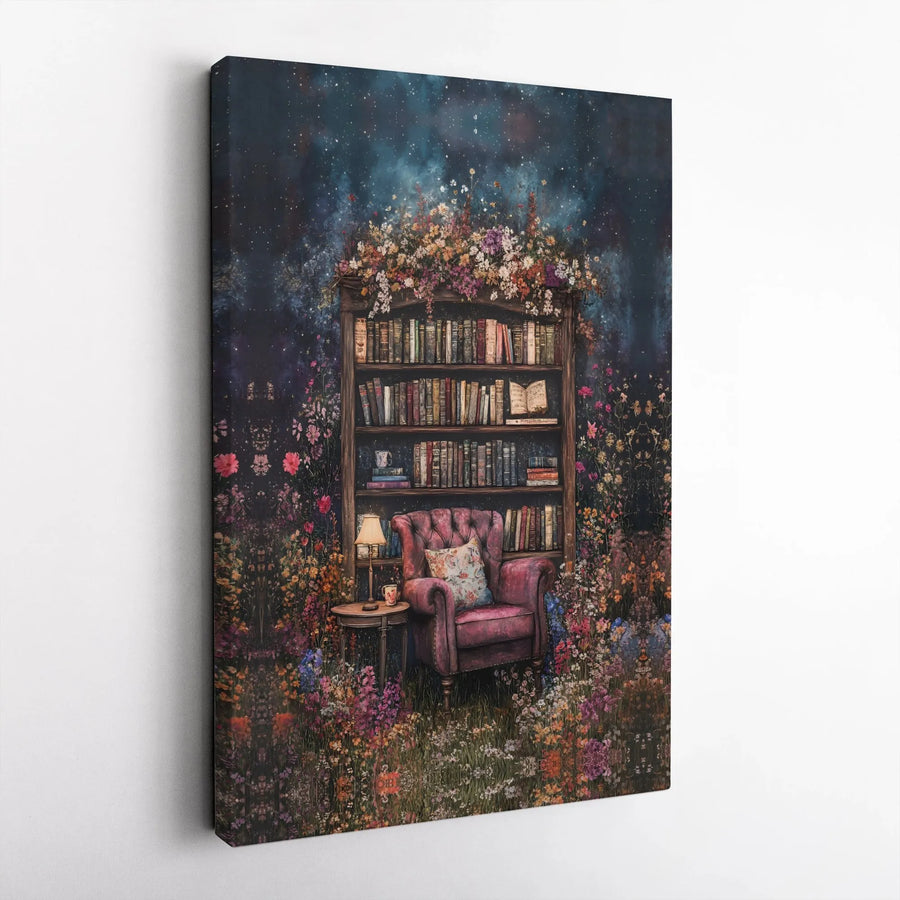 Whimsical Library Canvas Print | Enchanted Reading Nook with Wildflowers | Premium Fade-Resistant Wall Art | Cozy Home Office Decor Gift