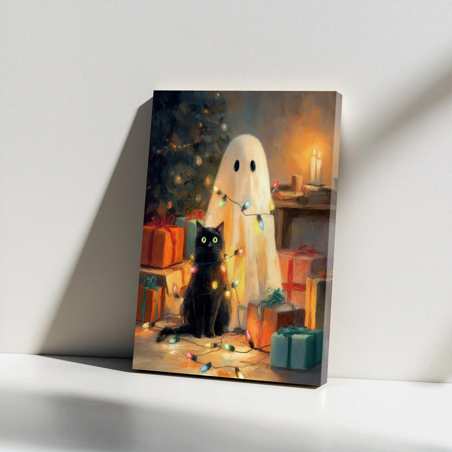 Ghost and Black Cat Christmas Canvas Wall Art | Spooky Cute Holiday Lights Painting | Gallery Wrap Wooden Frame | Festive Home Decor Gift