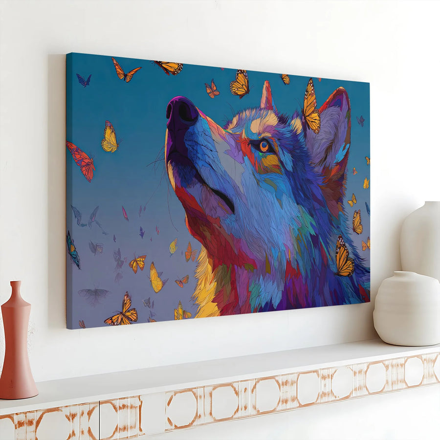 Colorful Wolf Canvas Art | Psychedelic Monarch Butterfly Design | 1.25 Inch Gallery Wrap Premium Print | Nature Home Decor Gift