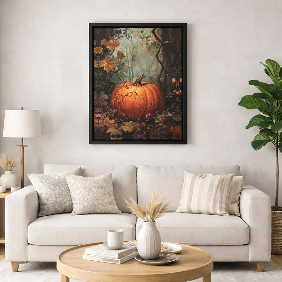 Autumn Pumpkin Wall Art | Moody Forest Oil Painting Style | Premium 1.25" Gallery Canvas | Fall Home Decor Gift for Harvest Season