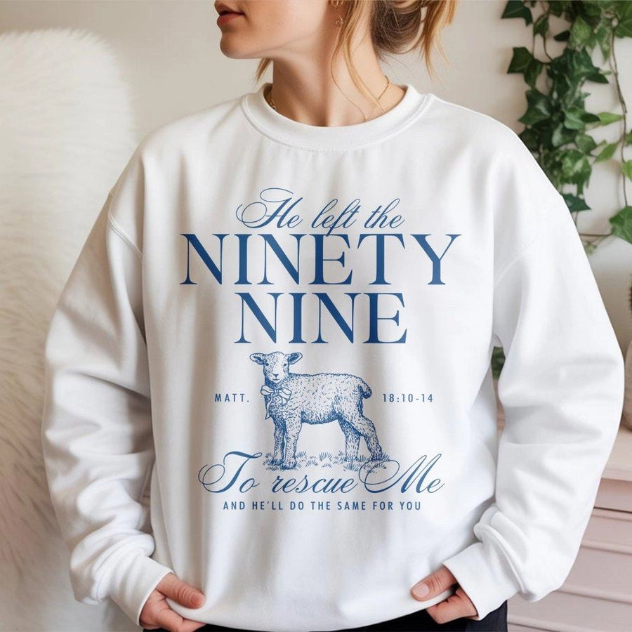He Left The Ninety Nine To Rescue Me Sweatshirt | Christian Bible Verse Graphic | Premium Cotton Blend | Faith-Based Gift For Men And Women