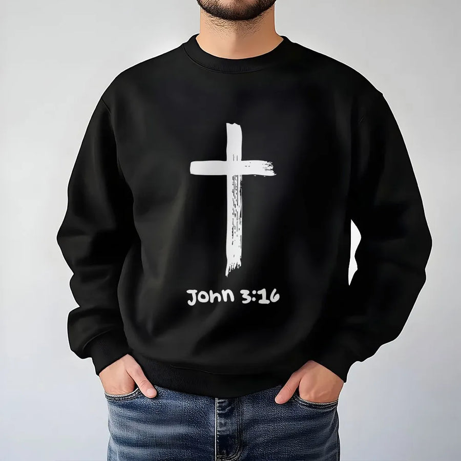 Christian Sweatshirt John 3:16 | Distressed Cross Graphic Print | Premium Soft Cotton Blend | Faith Based Gift for Men and Women