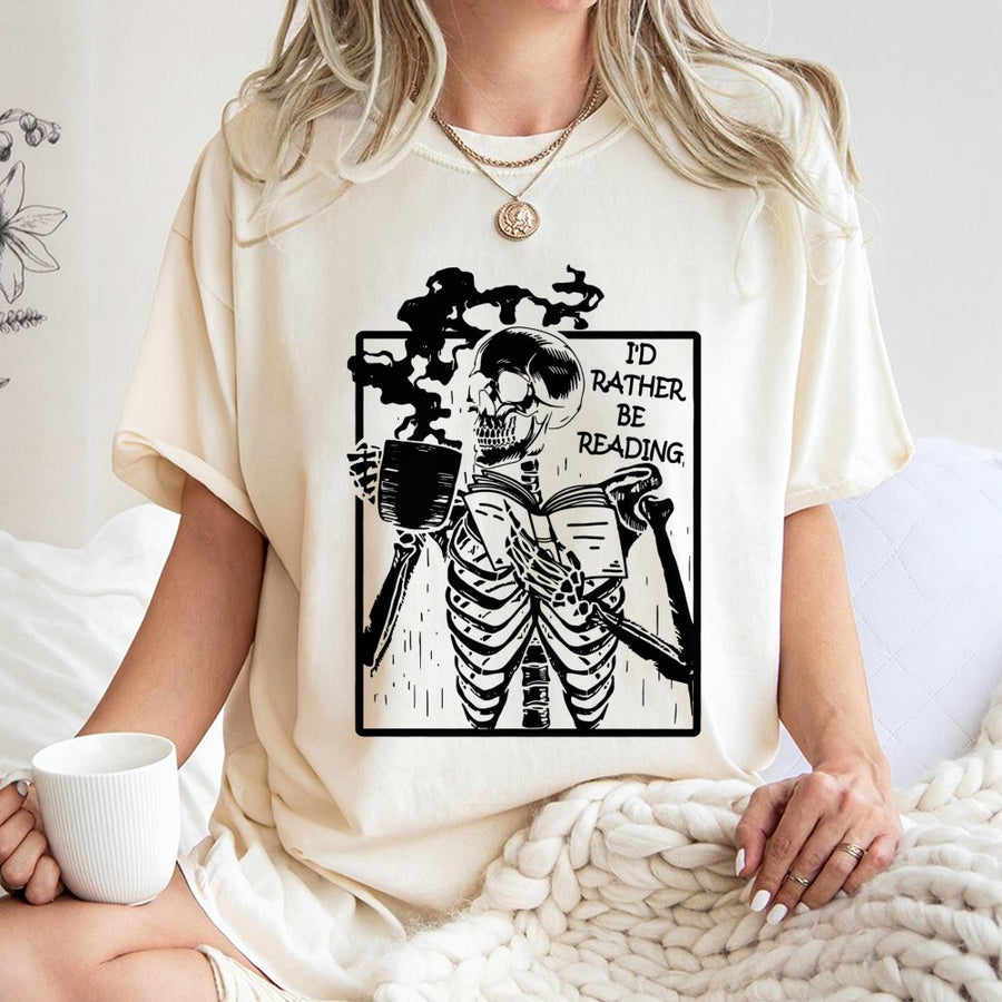 I'd Rather Be Reading Skeleton T-Shirt | Vintage Book Lover Graphic Tee | 100% Cotton Premium Quality | Perfect Gift for Readers & Librarians