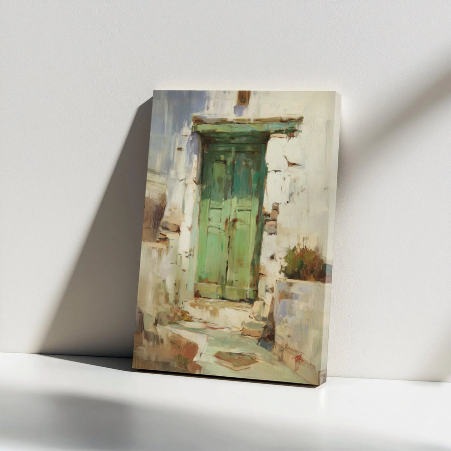 Rustic Green Door Canvas Wall Art | Impressionist Painting Print | Thick Gallery Wrapped Canvas | Farmhouse & Country Home Decor Gift