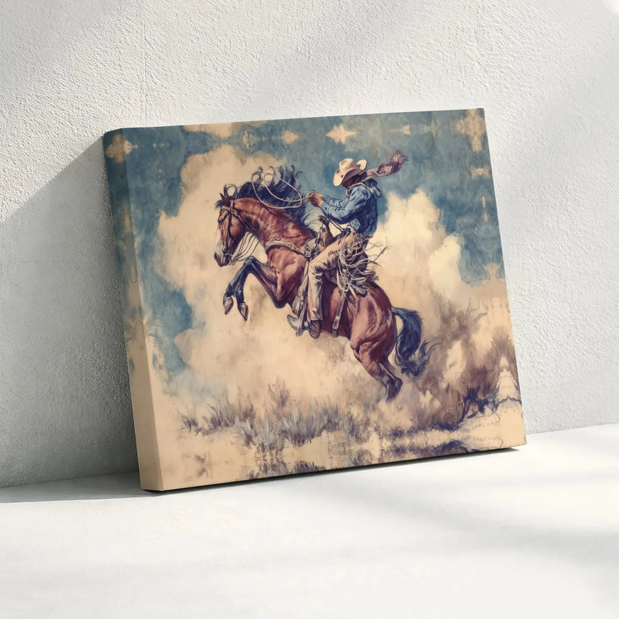 Western Rodeo Cowboy Canvas Art | Rearing Bucking Horse Painting | Gallery Quality 1.25-Inch Profile | Rustic Home Decor Wall Print