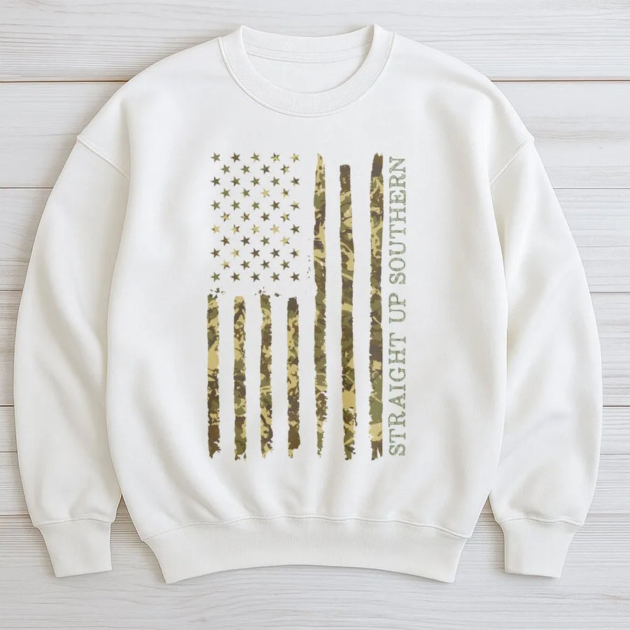 Straight Up Southern Sweatshirt | Camo American Flag Graphic | Unisex Premium Cotton Blend | Patriotic Gift For Outdoorsmen And Hunters