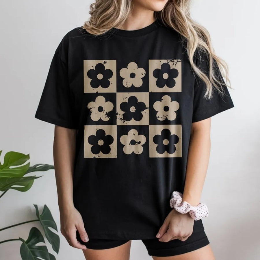 Checkered Flower T-Shirt | Retro Boho Floral Graphic Print | 100% Cotton Premium Tee | Trendy Aesthetic Gift For Her