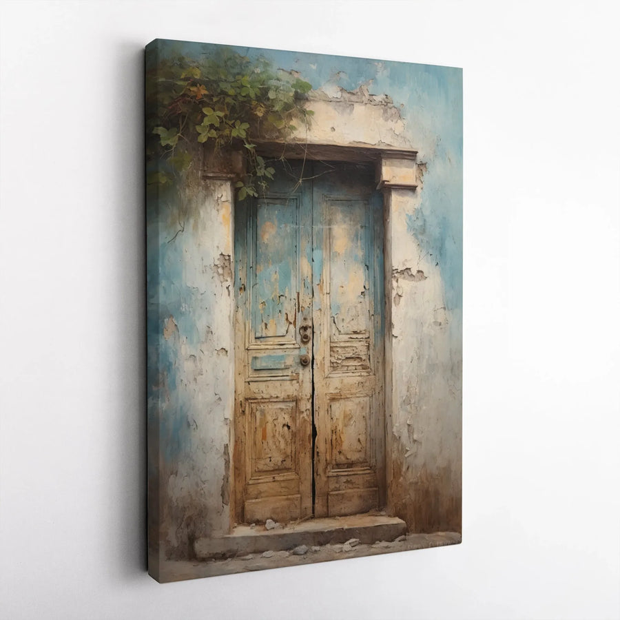 Rustic Blue Door Canvas Print | Weathered Architectural Wall Art | 1.25 Inch Gallery Wrap | Vintage Mediterranean Home Decor