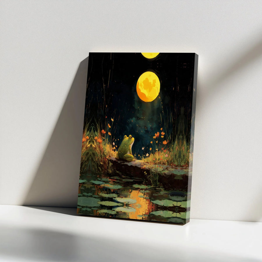 Frog Wall Art Canvas | Moody Night Full Moon Pond Scene | Premium Gallery Wrap Print | Whimsical Nature Lover Gift Decor