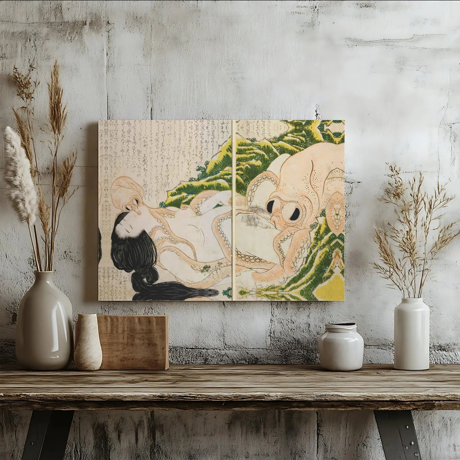 Hokusai The Dream of the Fisherman's Wife Canvas Art | Famous Ukiyo-e Octopus Woodblock Print | Premium Stretched Canvas | Vintage Japanese Art Collector Gift