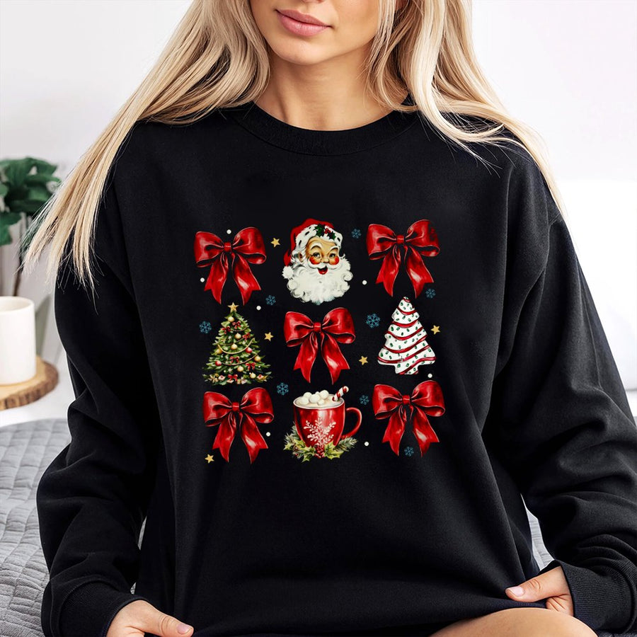 Christmas Sweatshirt | Retro Santa and Red Bows Graphic | Premium Cotton Blend | Festive Holiday Gift for Women and Men