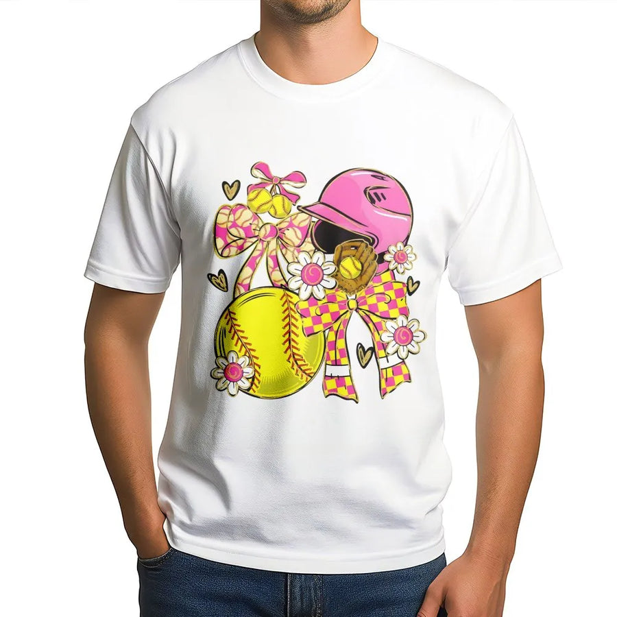 Softball Coquette T-Shirt | Pink Bow and Floral Softball Design | Premium 100% Cotton | Cute Game Day Gift for Softball Mom or Player
