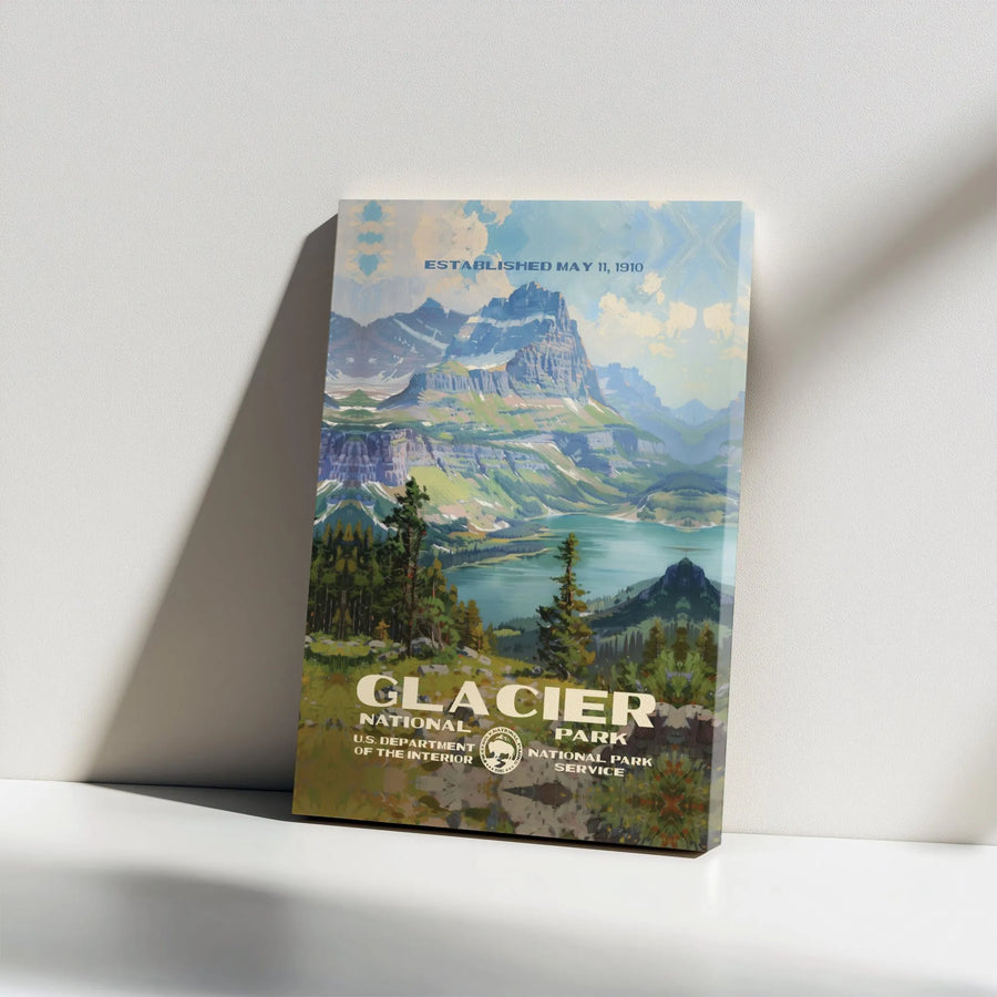 Glacier National Park Canvas Print | Vintage WPA Style Travel Poster Art | Premium 1.25 Inch Gallery Wrap | Montana Nature Lover Gift