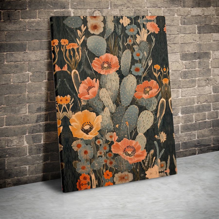 Desert Floral Canvas Print | Vintage Prickly Pear And Poppy Botanical Wall Art | Premium 1.25 Inch Gallery Wrap | Southwestern Home Decor Gift