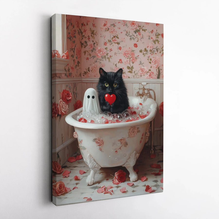 Black Cat and Ghost Canvas Art | Romantic Floral Bathtub Aesthetic | Premium Gallery Wrap Wall Decor | Whimsical Spooky Home Gift for Cat Lovers