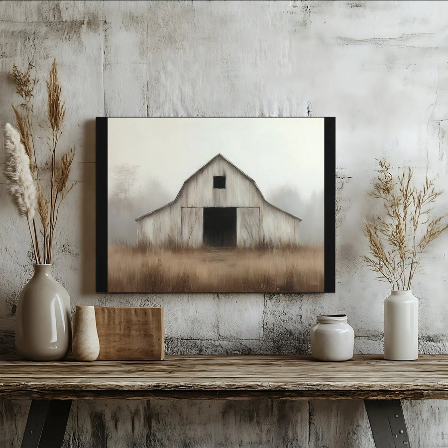 Rustic Farmhouse Barn Wall Art | Foggy Field Landscape Print | Premium Gallery Wrapped Canvas | Farmhouse Home Decor for Living Room