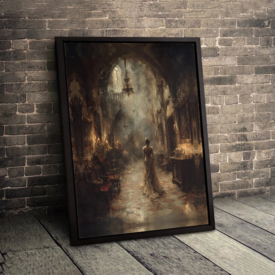 Gothic Cathedral Wall Art | Woman In Ballgown Oil Painting Style | 1.25 Inch Gallery Wrapped Canvas | Moody Dark Academia Home Decor
