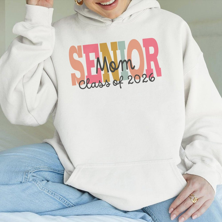 Senior Mom Class Of 2026 Hoodie | Retro Colorful Text Design | Premium Cotton Blend | Gift For Proud Graduation Mom