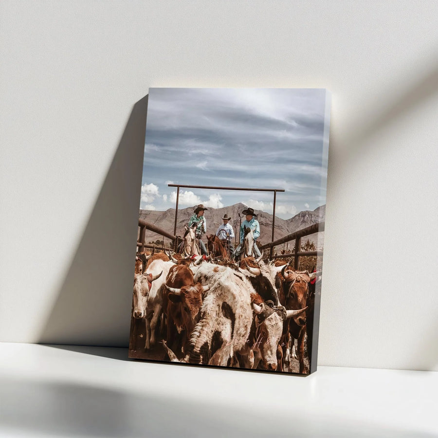 Cowboy Canvas Print | Ranchers Rounding Up Cattle Art | Premium Gallery Wrap Canvas | Rustic Farmhouse Decor Gift