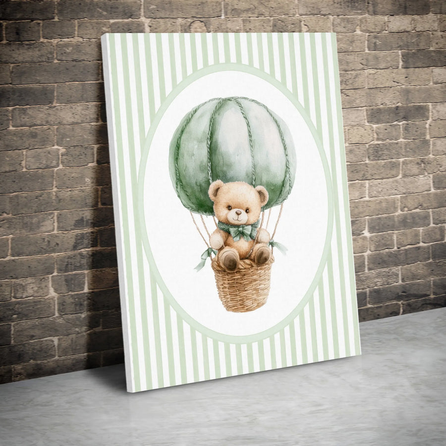 Watercolor Teddy Bear Wall Art | Sage Green Hot Air Balloon Print | Gallery-Quality Thick Canvas | Nursery Decor Gift for Kids