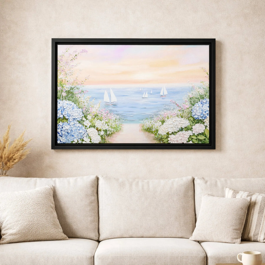 Coastal Hydrangea Wall Art | Sailboat Ocean Seascape Painting | Premium Gallery Wrapped Canvas | Serene Beach House Home Decor Gift