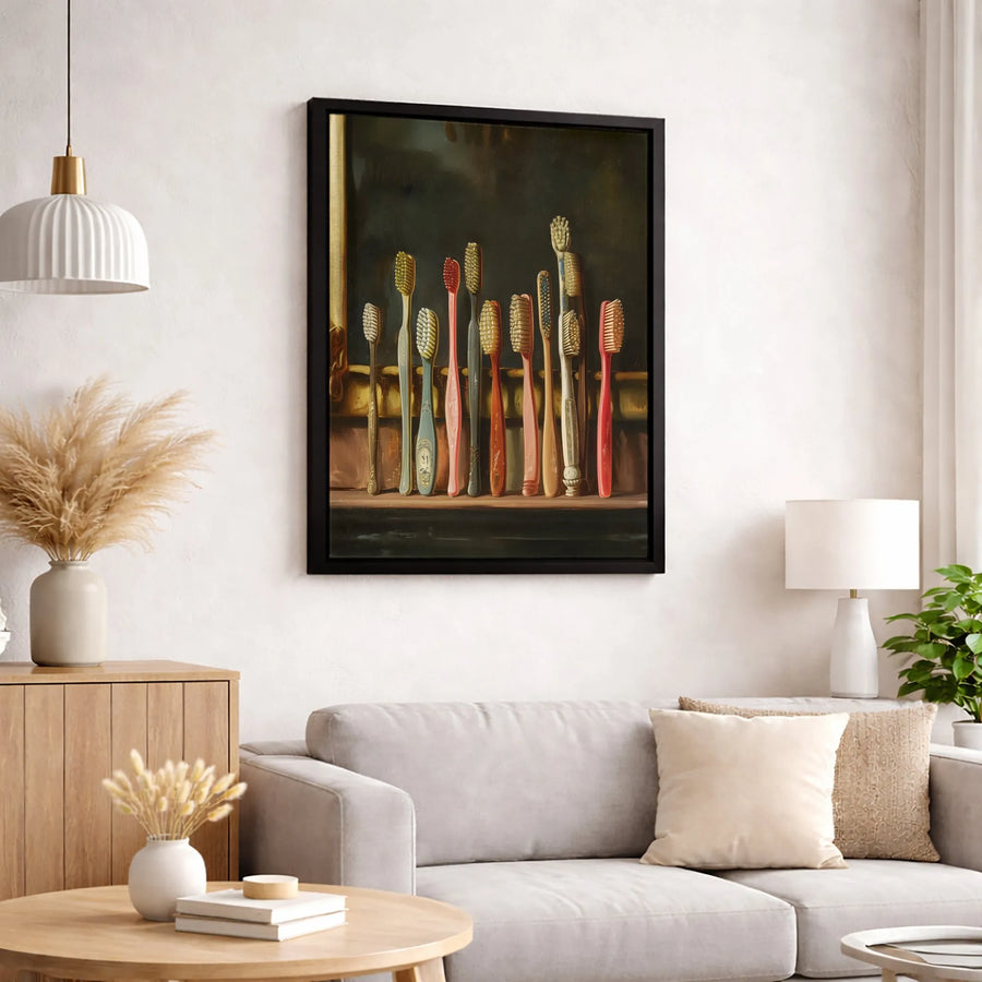 Vintage Toothbrush Collection Canvas Print | Still Life Bathroom Art | Gallery-Quality Fade-Resistant Decor | Unique Dental Office Gift Wall Art