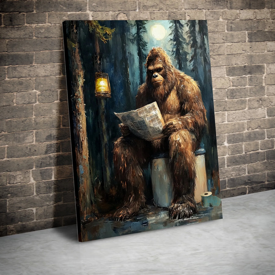 Bigfoot Reading Newspaper On Toilet Canvas Art | Funny Sasquatch Bathroom Wall Decor | Premium 1.25" Gallery Wrap Print | Unique Gift For Men