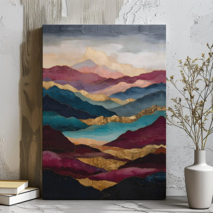 Abstract Mountain Landscape Canvas Art | Gold Foil Leaf Texture Design | Premium 1.25" Gallery Wrap | Modern Home Office Decor Wall Hanging