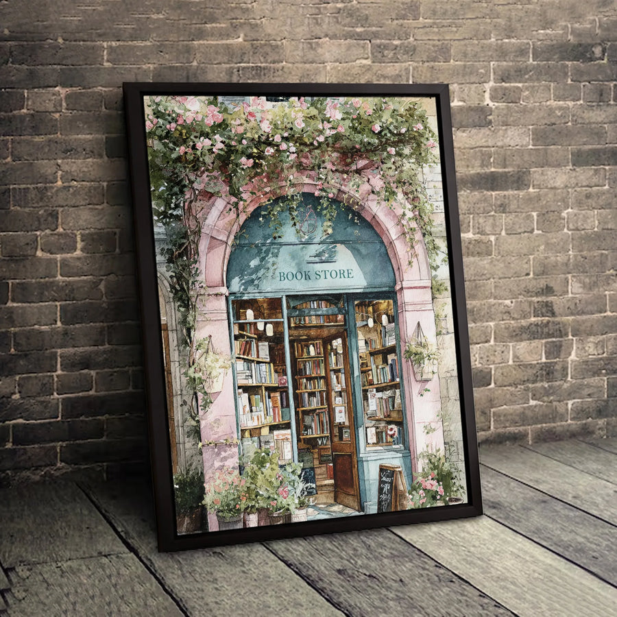 Bookstore Watercolor Canvas Print | Charming Floral Shop Wall Art | Premium Gallery Wrapped | Librarian Gift Home Decor