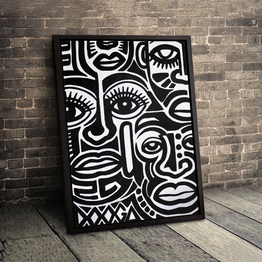 Abstract Faces Canvas Wall Art | Black and White Cubist Geometric Print | Premium Gallery Wrapped 1.25 Inch Profile | Modern Home Decor Gift