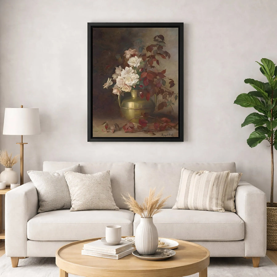 Vintage Floral Still Life Canvas Art | White Roses In Brass Vase Print | Premium Gallery-Wrapped Wall Decor | Classical Oil Painting Style