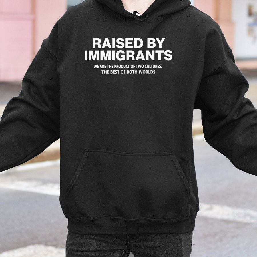 Raised By Immigrants Hoodie | Dual Heritage Cultural Pride Sweatshirt | Premium Cotton-Blend Pullover | First Generation American Gift For Adults