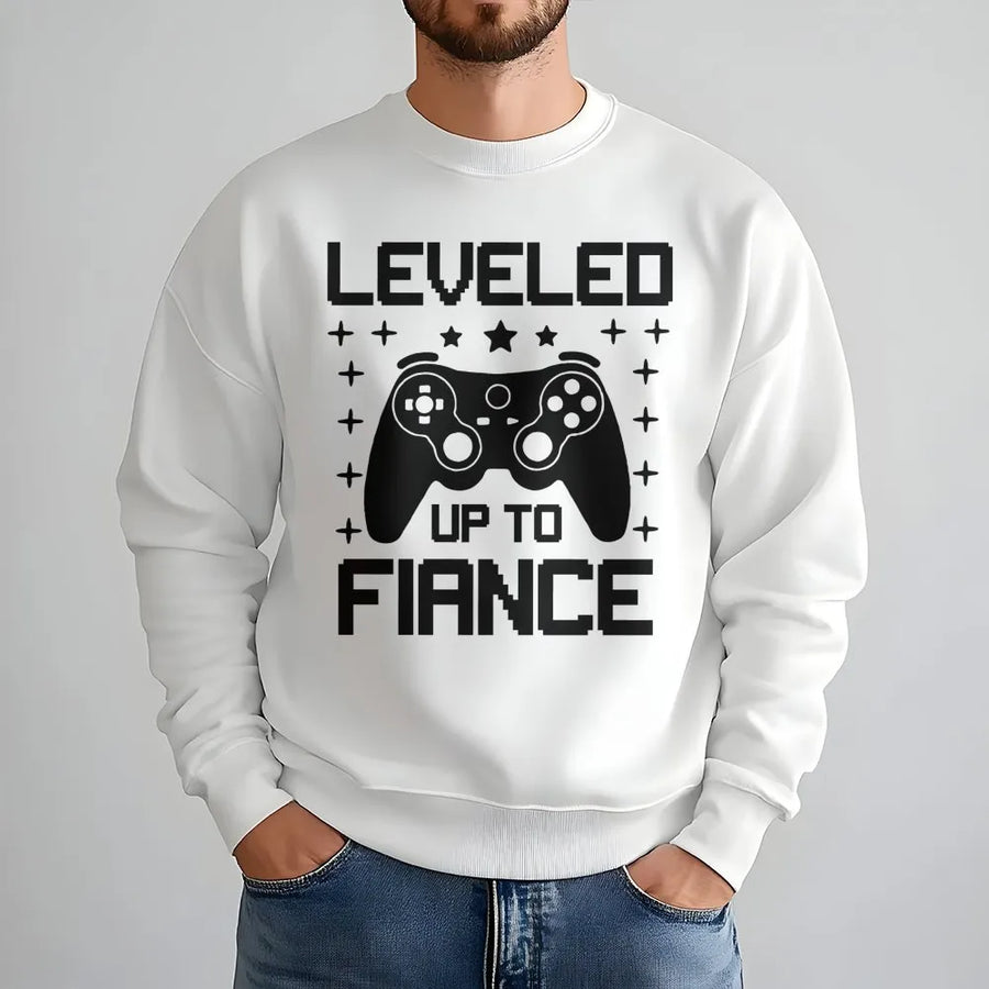 Leveled Up To Fiance Sweatshirt | Gamer Engagement Announcement Graphic | Premium Cotton Blend | Funny Gift For Future Husband Or Groom