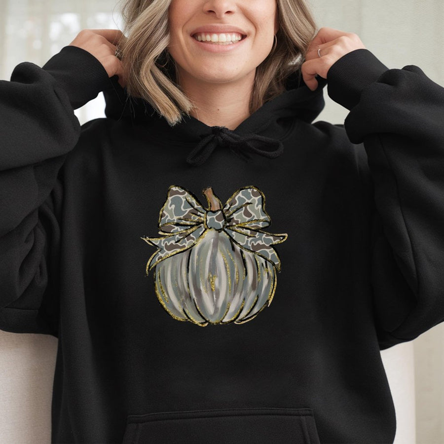 Camo Pumpkin Hoodie | Western Coquette Bow Graphic | Premium Cotton Blend | Fall Aesthetic Gift for Her