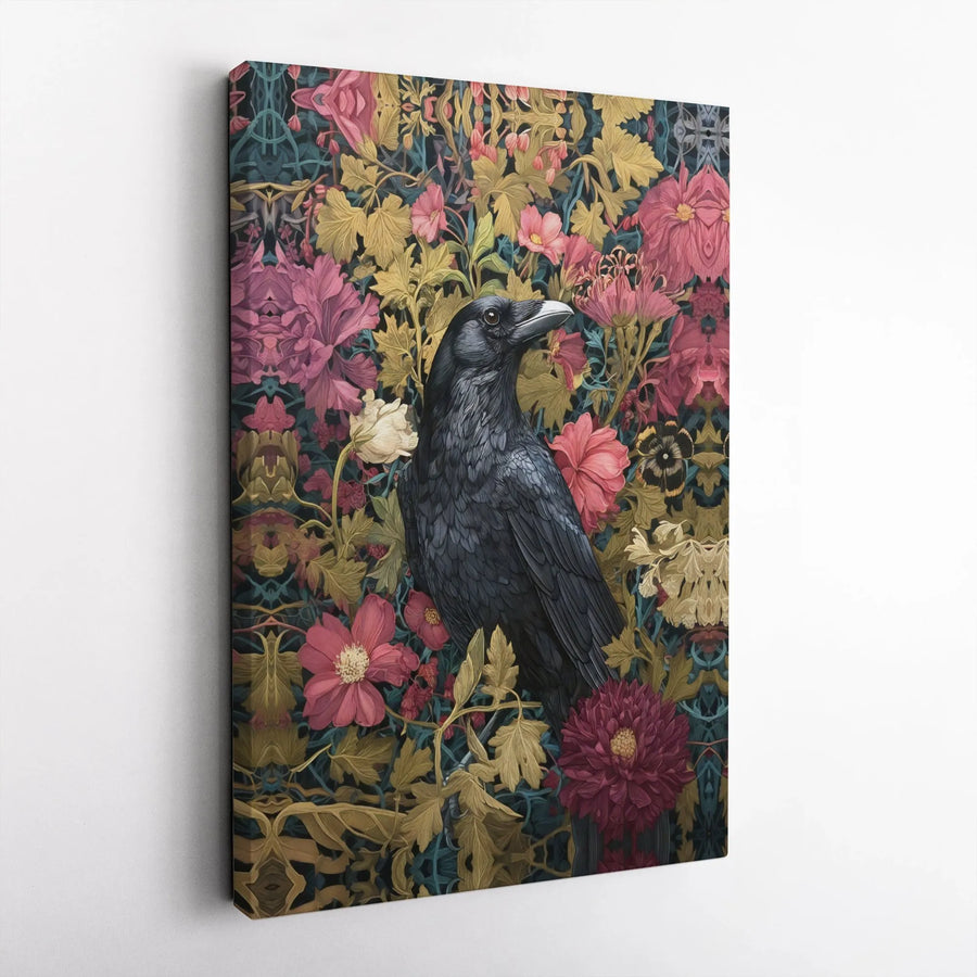 Vintage Raven Canvas Print | Gothic Floral & Crow Illustration | Premium Gallery Wrapped Canvas | Dark Academia Room Decor Gift