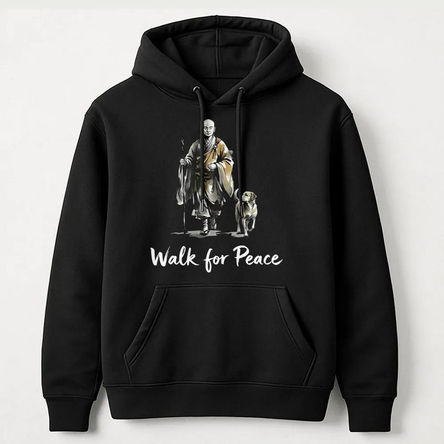 Walk For Peace Hoodie | Zen Monk With Dog Graphic Art | Premium Cotton Blend Sweatshirt | Mindfulness Spiritual Gift For Yoga Meditation Lovers