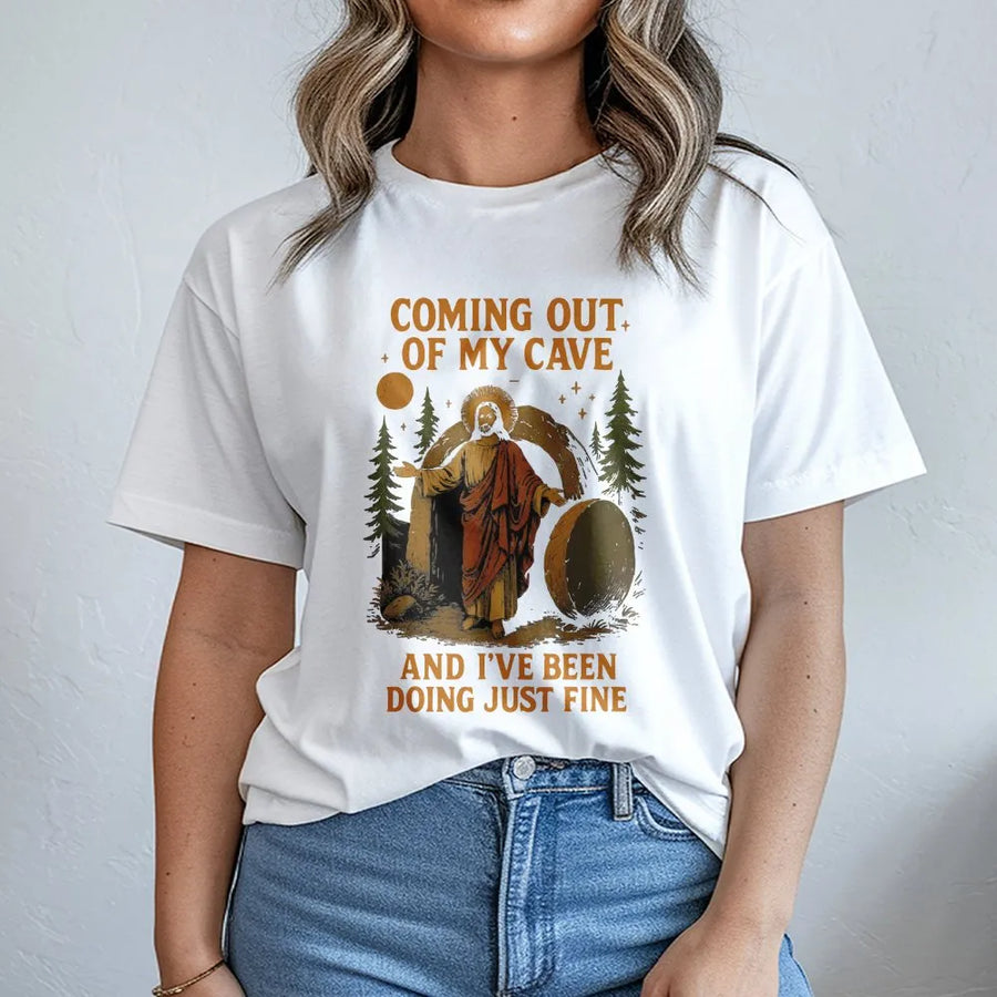 Funny Easter T-Shirt | Jesus Coming Out Of My Cave Meme Graphic | Premium Cotton Blend Crewneck | Religious Humor Gift For Christian