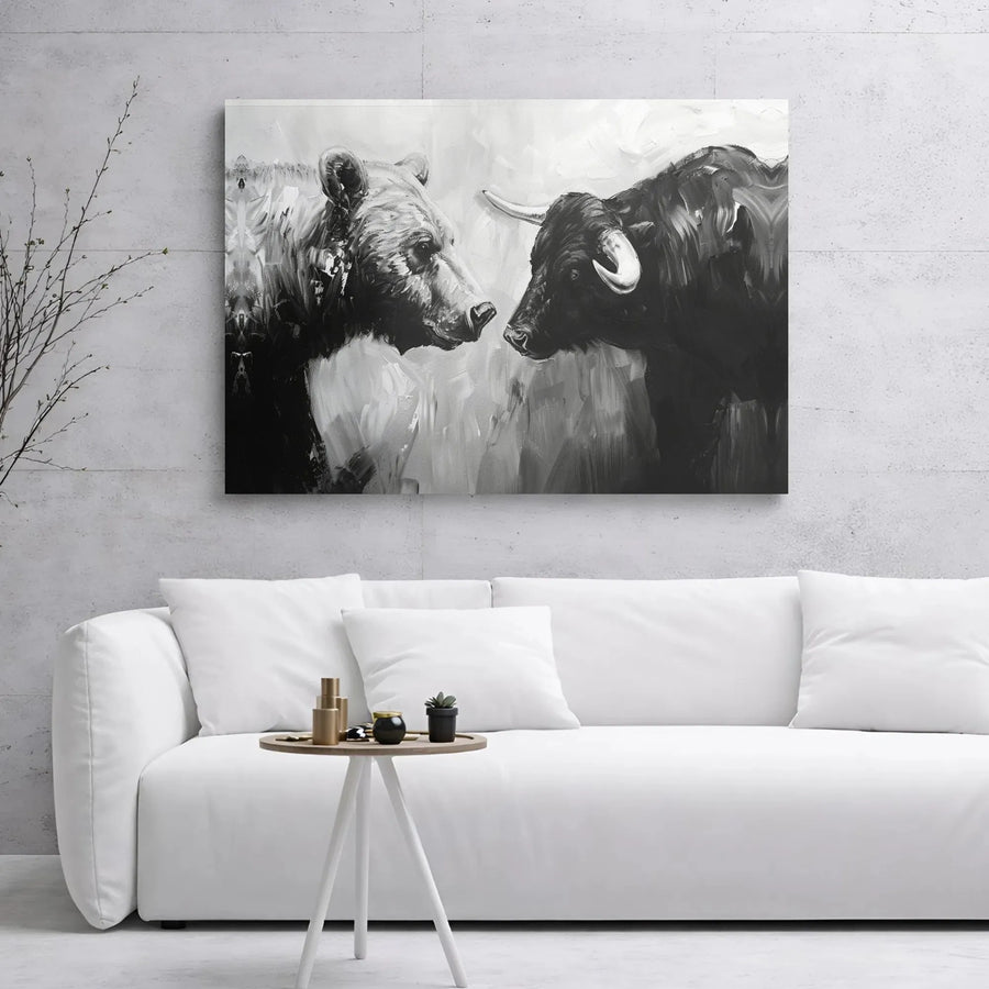 Bull vs Bear Canvas Wall Art | Black and White Financial Stock Market Oil Painting Style | 1.25 Inch Gallery Wrap | Office Decor Gift for Investors